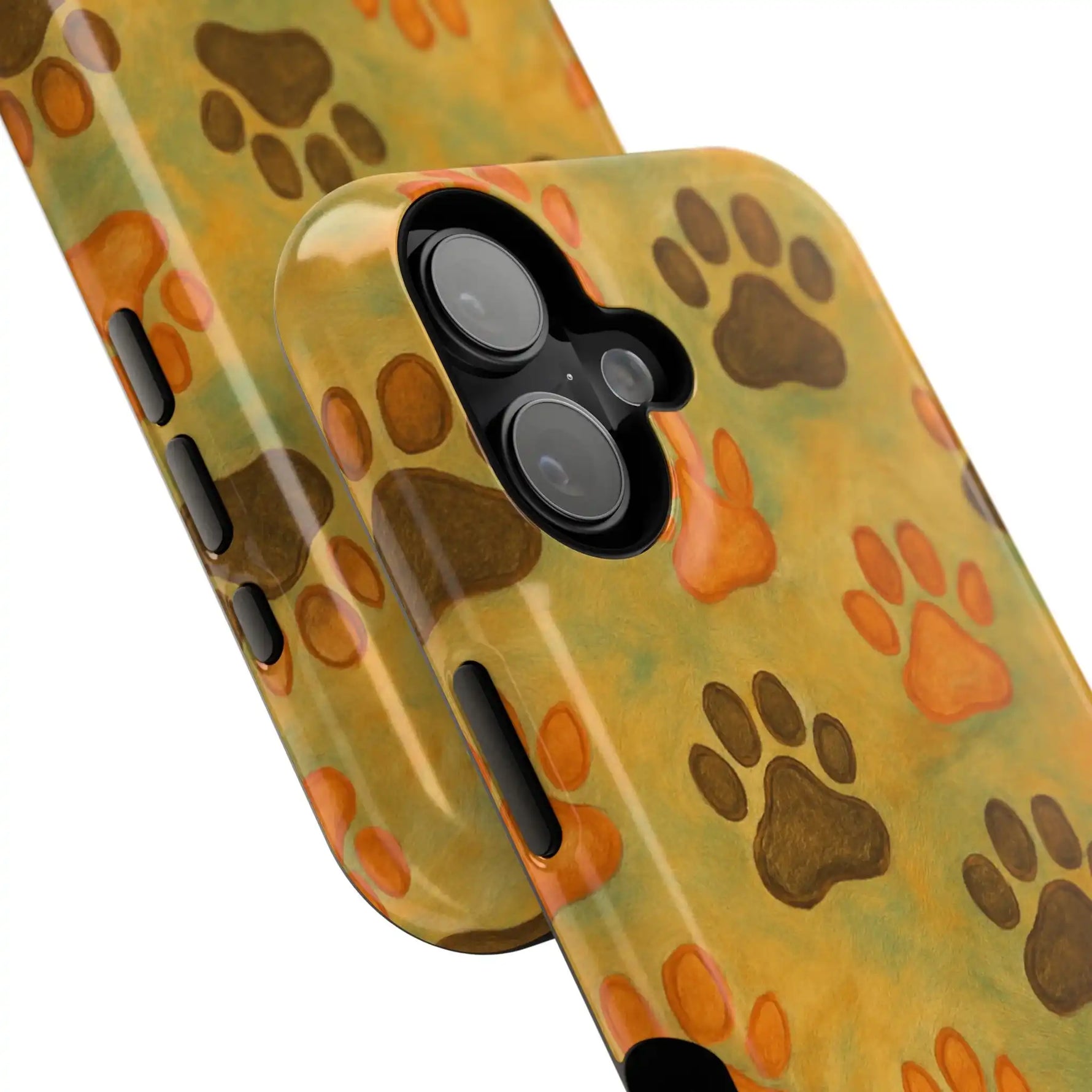 Two glossy phone cases with brown and orange paw print pattern on yellow background, showing different sizes