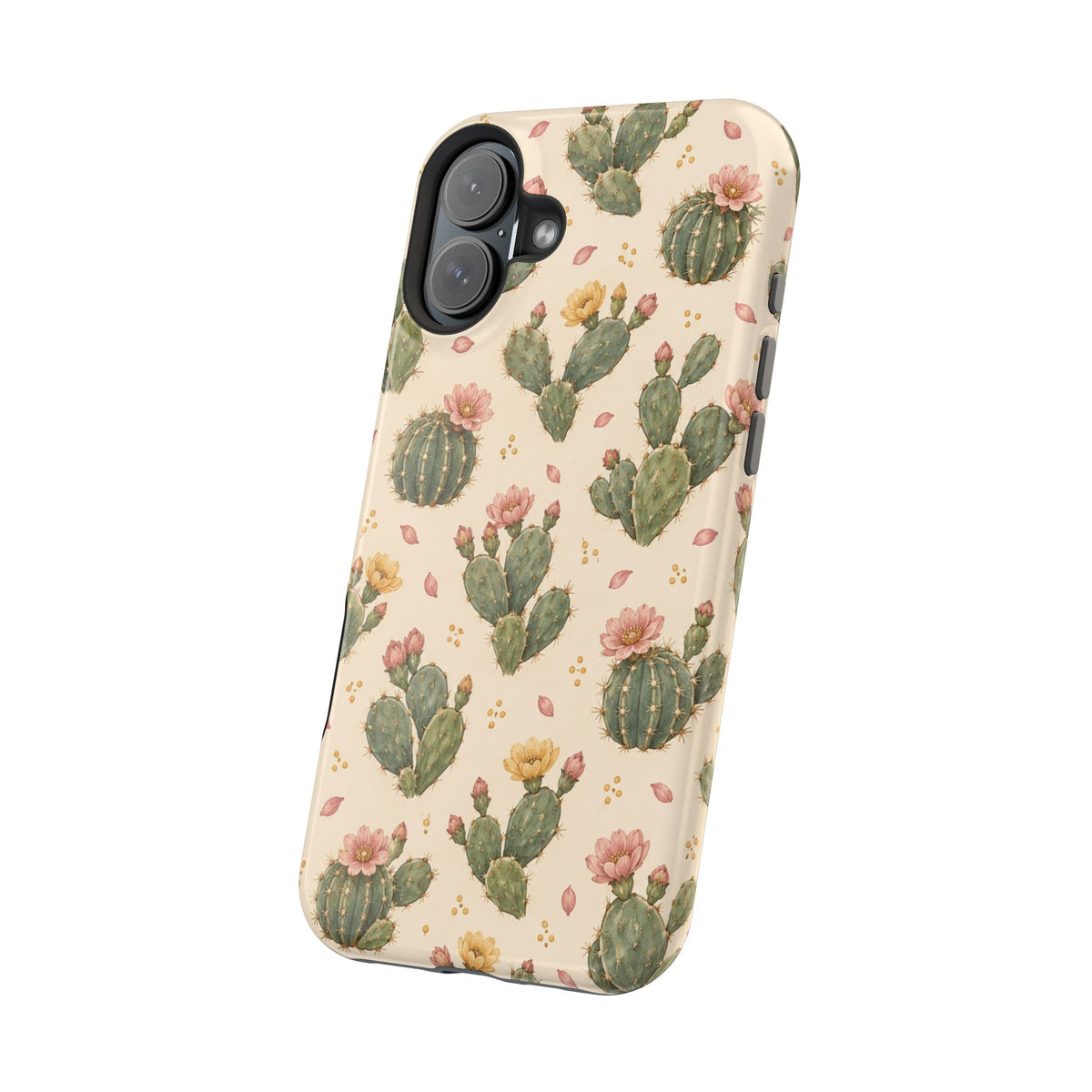 Cactus Bloom – Sage Green Floral Cactus MagSafe Phone Case, glossy vertical dual-camera model, angled rear view