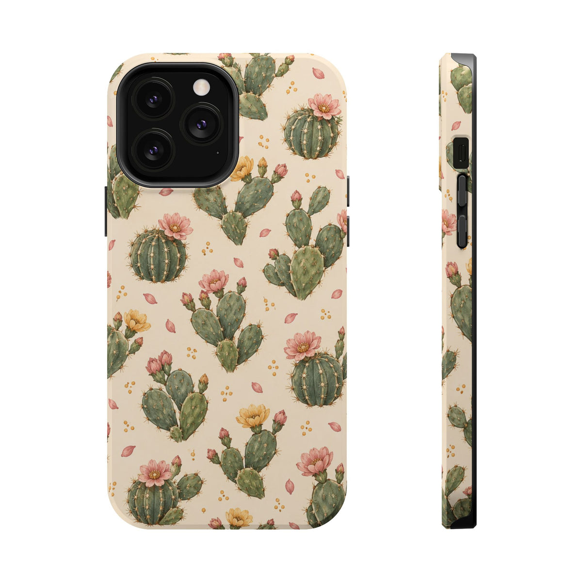 Cactus Bloom – Sage Green Floral Cactus MagSafe Phone Case, glossy iPhone 13 Pro Max, rear and side profile