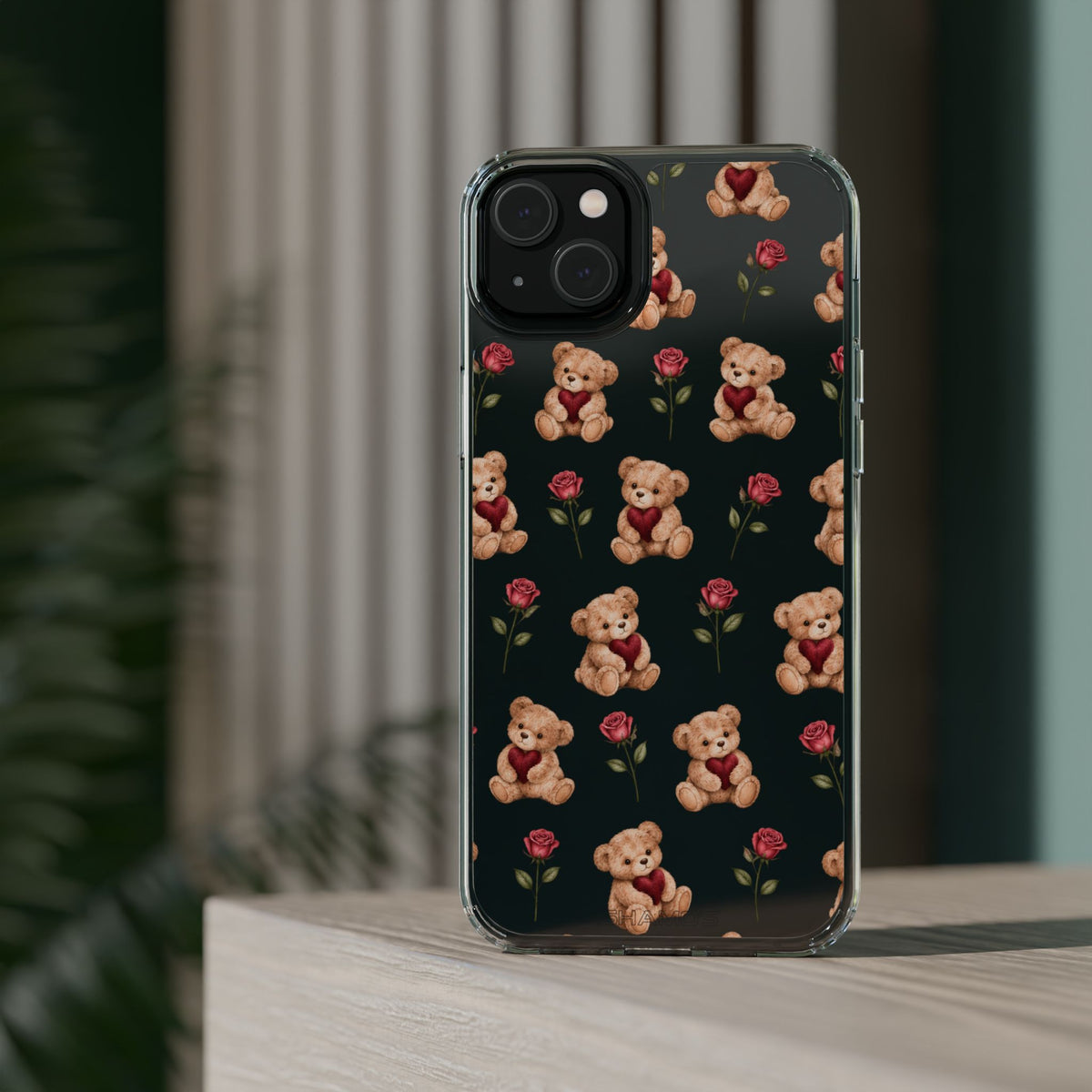 Romantic Teddy Bear Impact-Resistant Phone Case with Heart Design