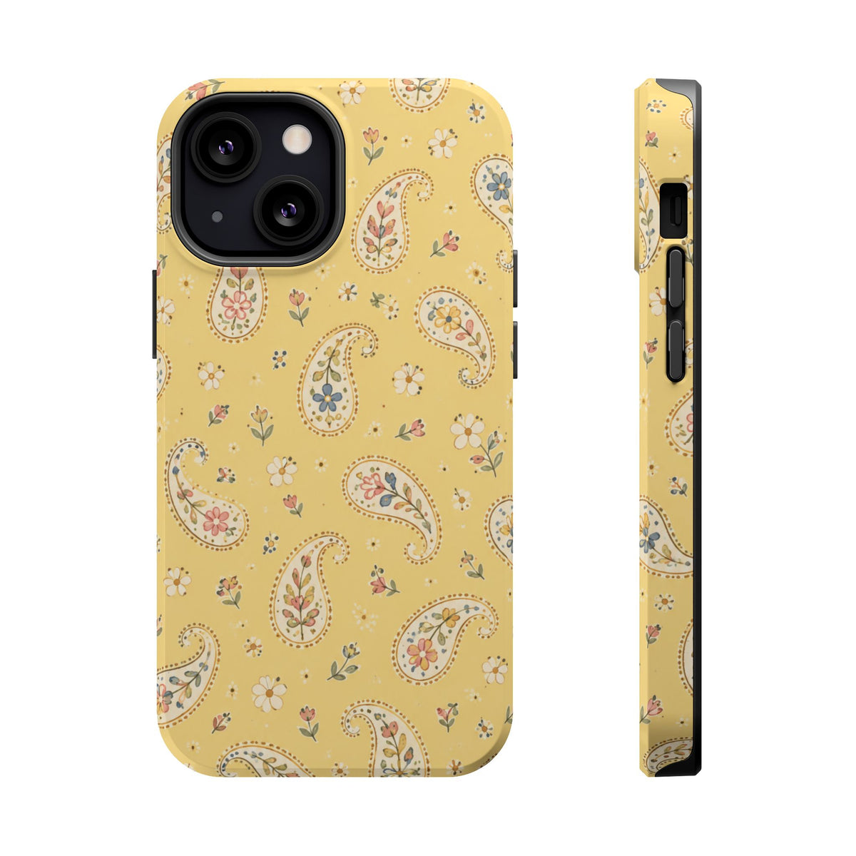 Honey Paisley MagSafe Phone Case, glossy iPhone 13 Mini, rear and side profile