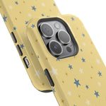 Prairie Stars – Yellow and Blue Star MagSafe Phone Case, glossy square triple-camera Pro model, camera and side-button close-up