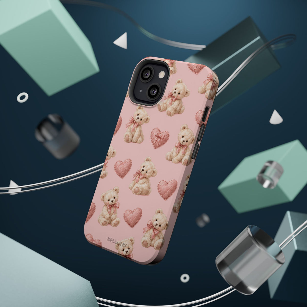 Pink Teddy Hearts Love iPhone Case, Impact-Resistant MagSafe Compatible