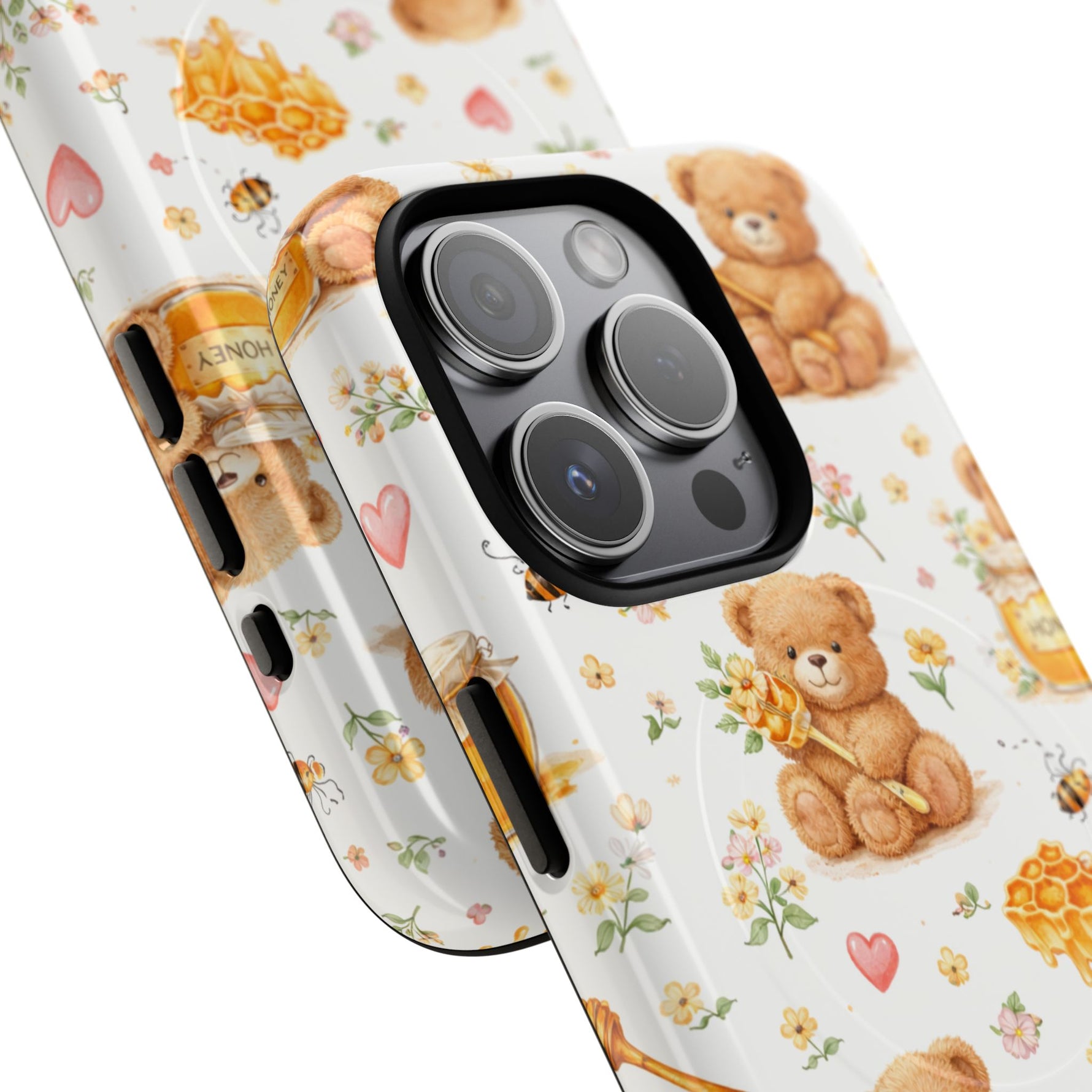 Honey Teddy Bear iPhone Case — Yellow Bee & Honey Pot Design with MagSafe