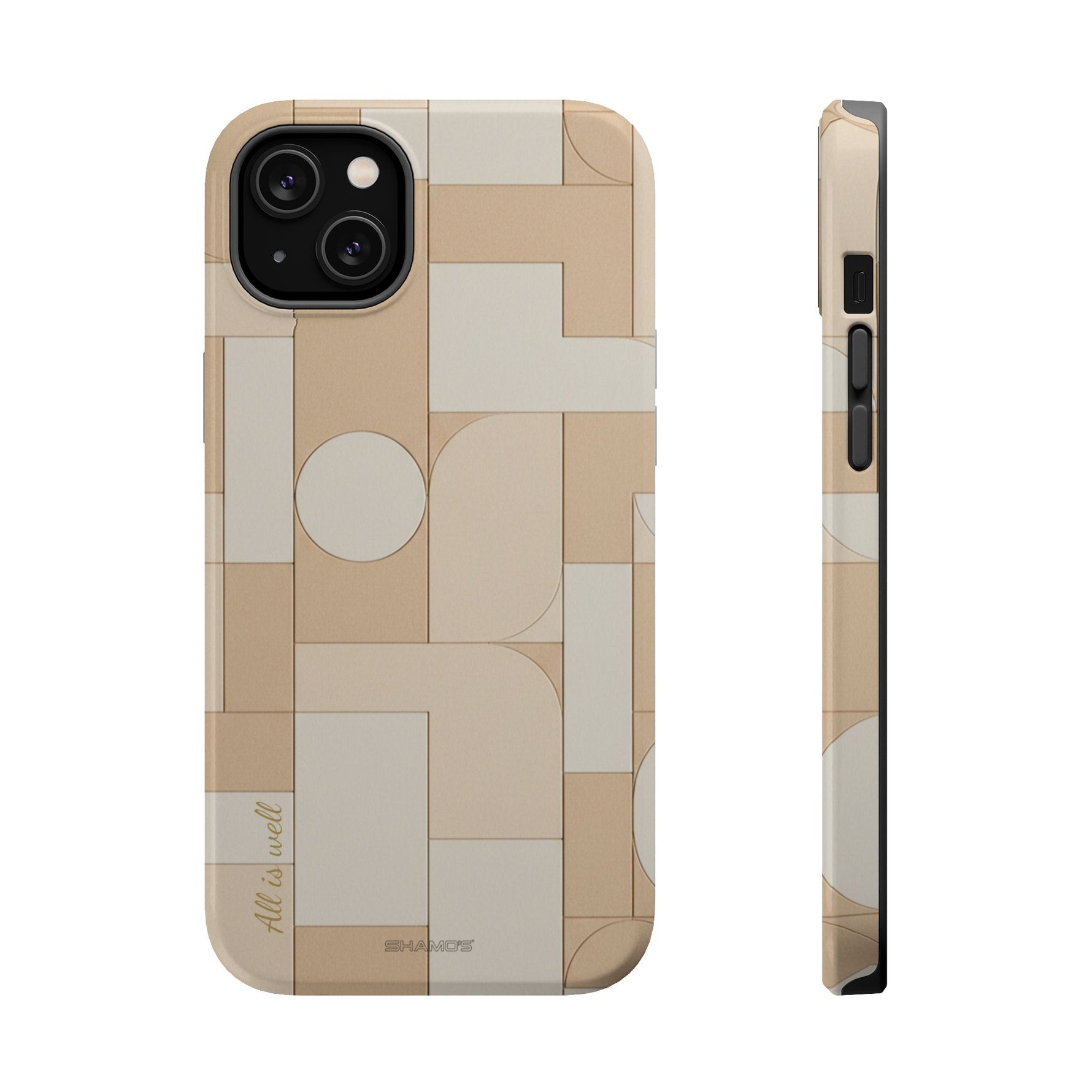 Geometric Beige Magnetic Impact-Resistant iPhone Case with Personalizable Quote and MagSafe Compatible