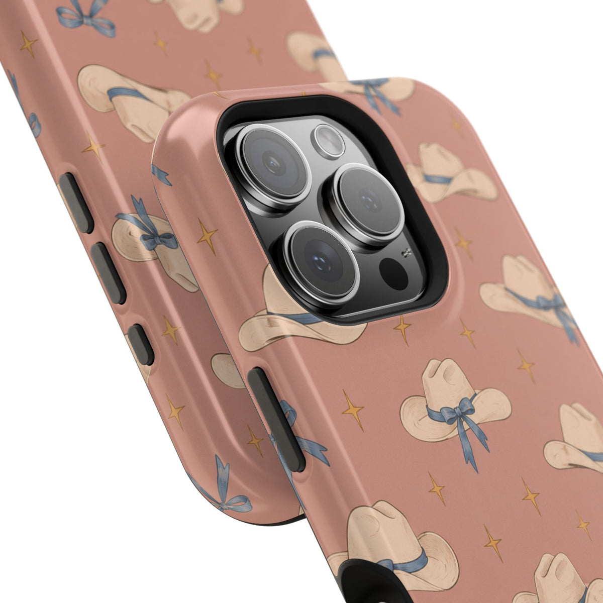 Ribbon Rodeo – Cowgirl Hat and Bow MagSafe Phone Case, Pink, glossy square triple-camera Pro model, camera and side-button close-up