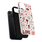 Romantic Love Doodle Tough iPhone Case ("LOVE", hearts, roses) (MagSafe compatible)  Shamo's