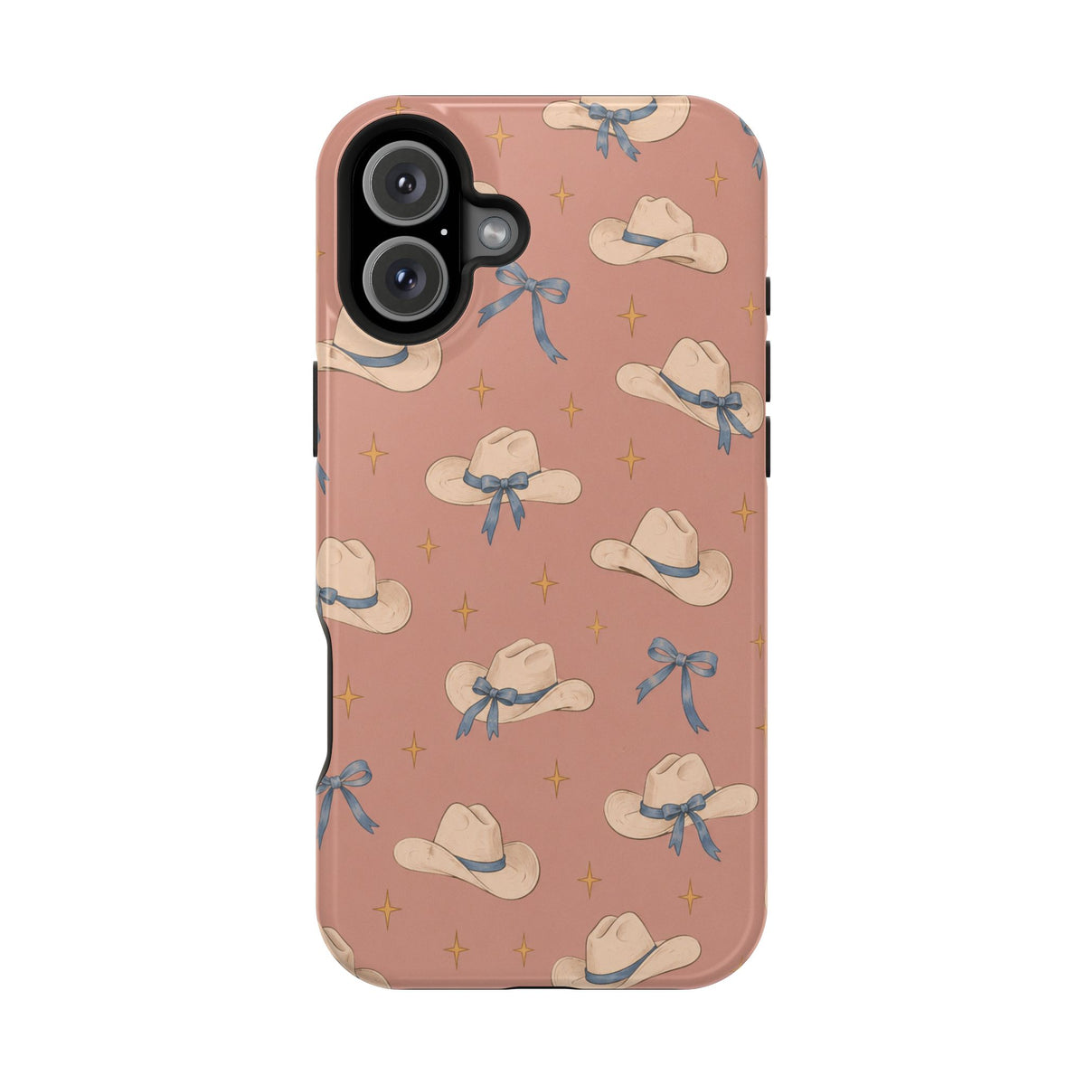 Ribbon Rodeo – Cowgirl Hat and Bow MagSafe Phone Case, Pink, glossy iPhone 16 Plus, rear view