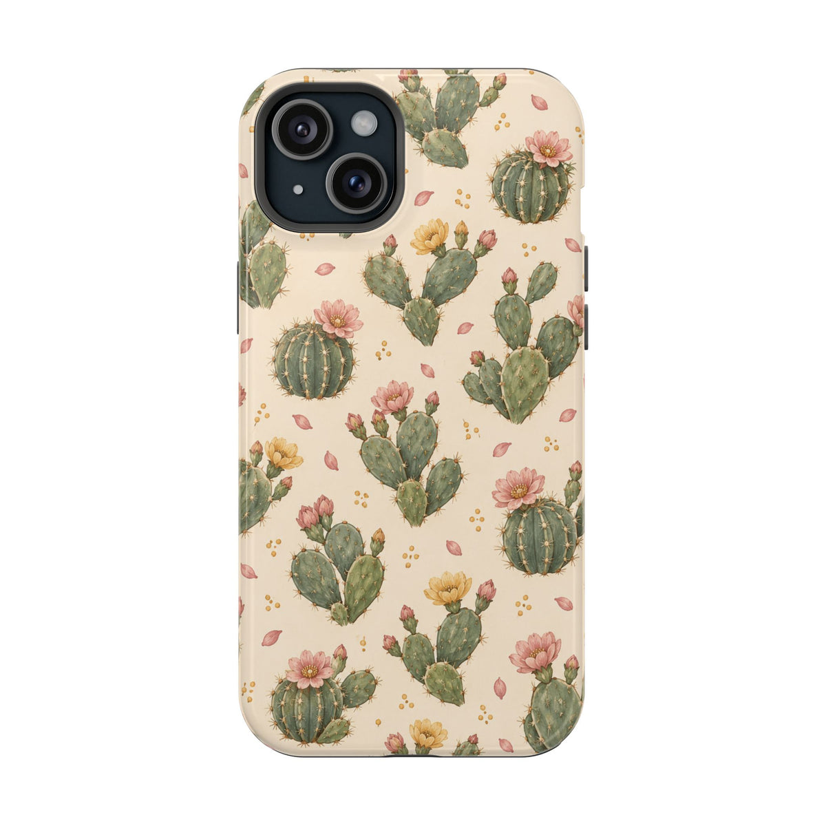 Cactus Bloom – Sage Green Floral Cactus MagSafe Phone Case, glossy iPhone 15 Plus, rear view