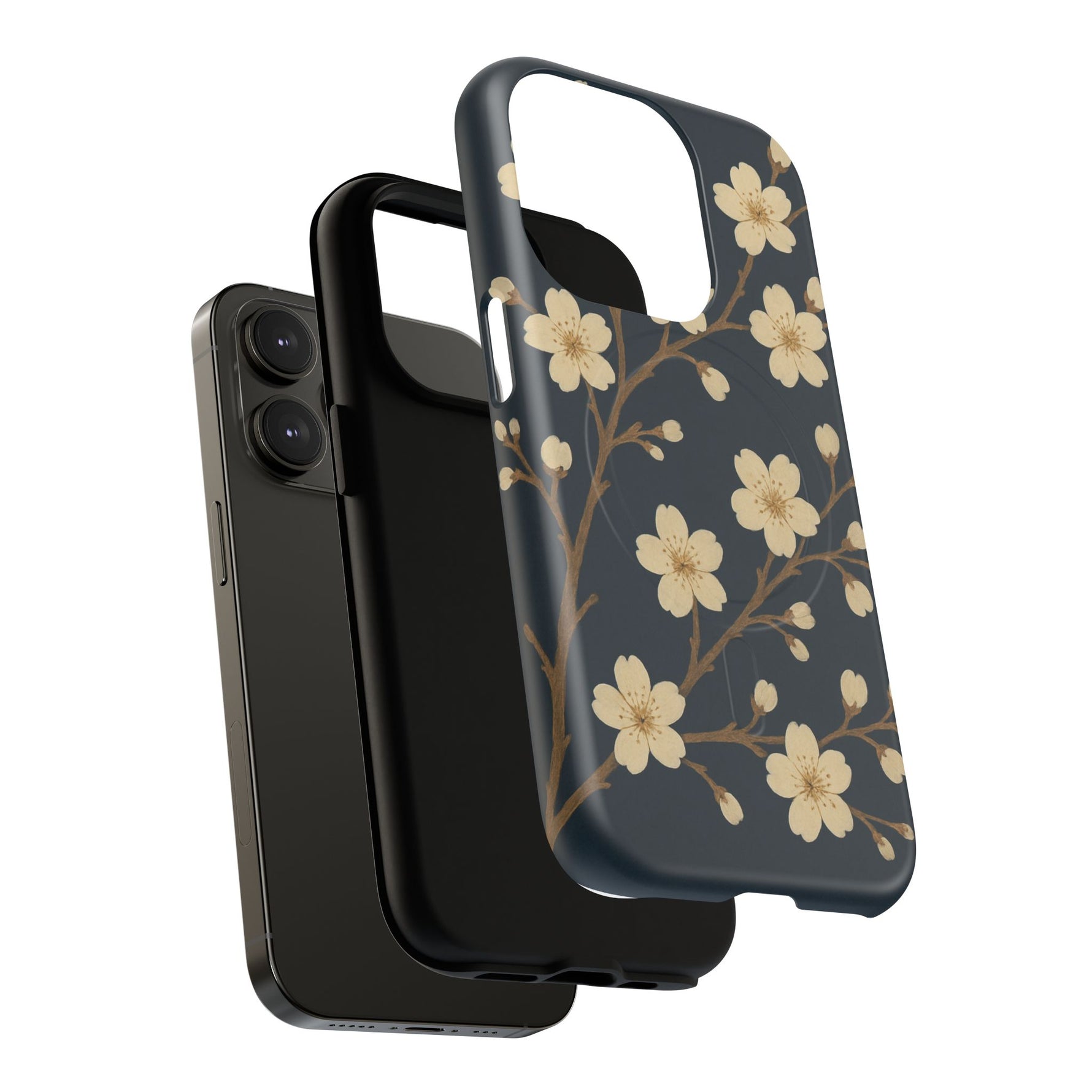 Navy Cherry Blossom Floral iPhone Case - Compatible with MagSafe - Shamo's