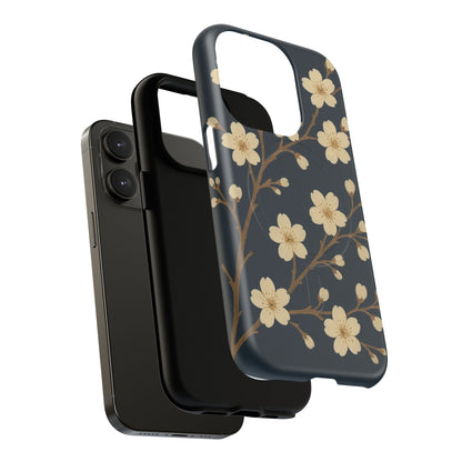 Navy Cherry Blossom Floral iPhone Case - Compatible with MagSafe