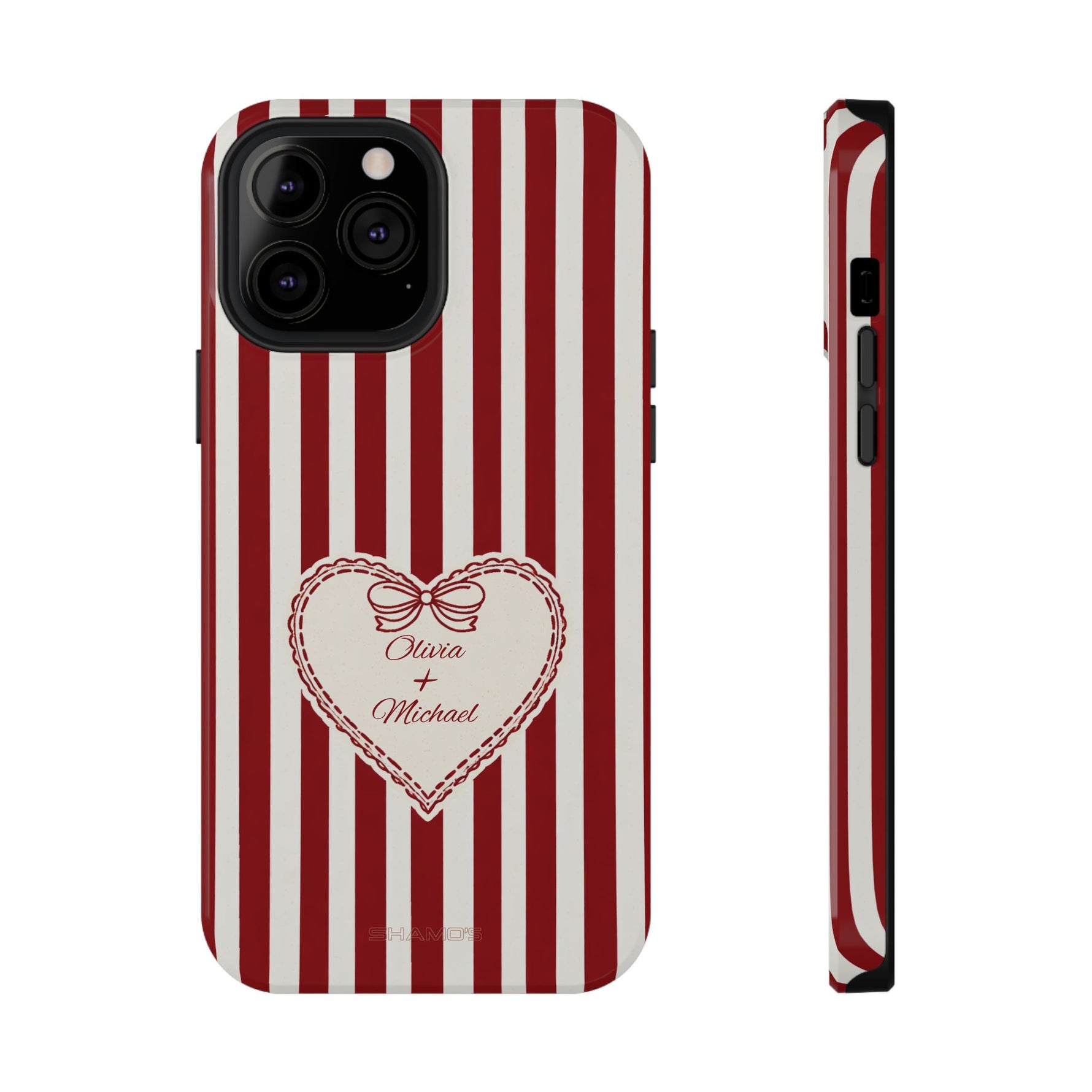 Funda personalizada a rayas — Diseño de corazón rojo y blanco (nombres personalizados)
