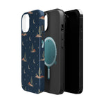 Desert Moon MagSafe Phone Case, glossy diagonal dual-camera model, exploded shell and liner with magnetic ring