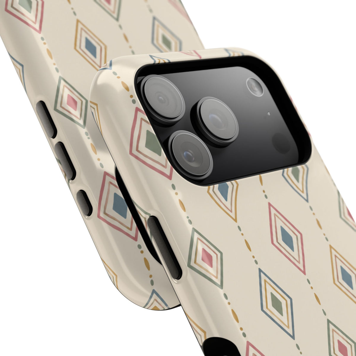 Desert Diamonds – Pastel Geometric Pattern MagSafe Phone Case, glossy compact wide-camera Pro model, camera and side-button close-up