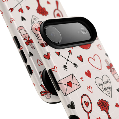 Romantic Love Doodle Tough iPhone Case ("LOVE", hearts, roses) (MagSafe compatible)