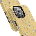 Honey Paisley MagSafe Phone Case, glossy square triple-camera Pro model, camera and side-button close-up