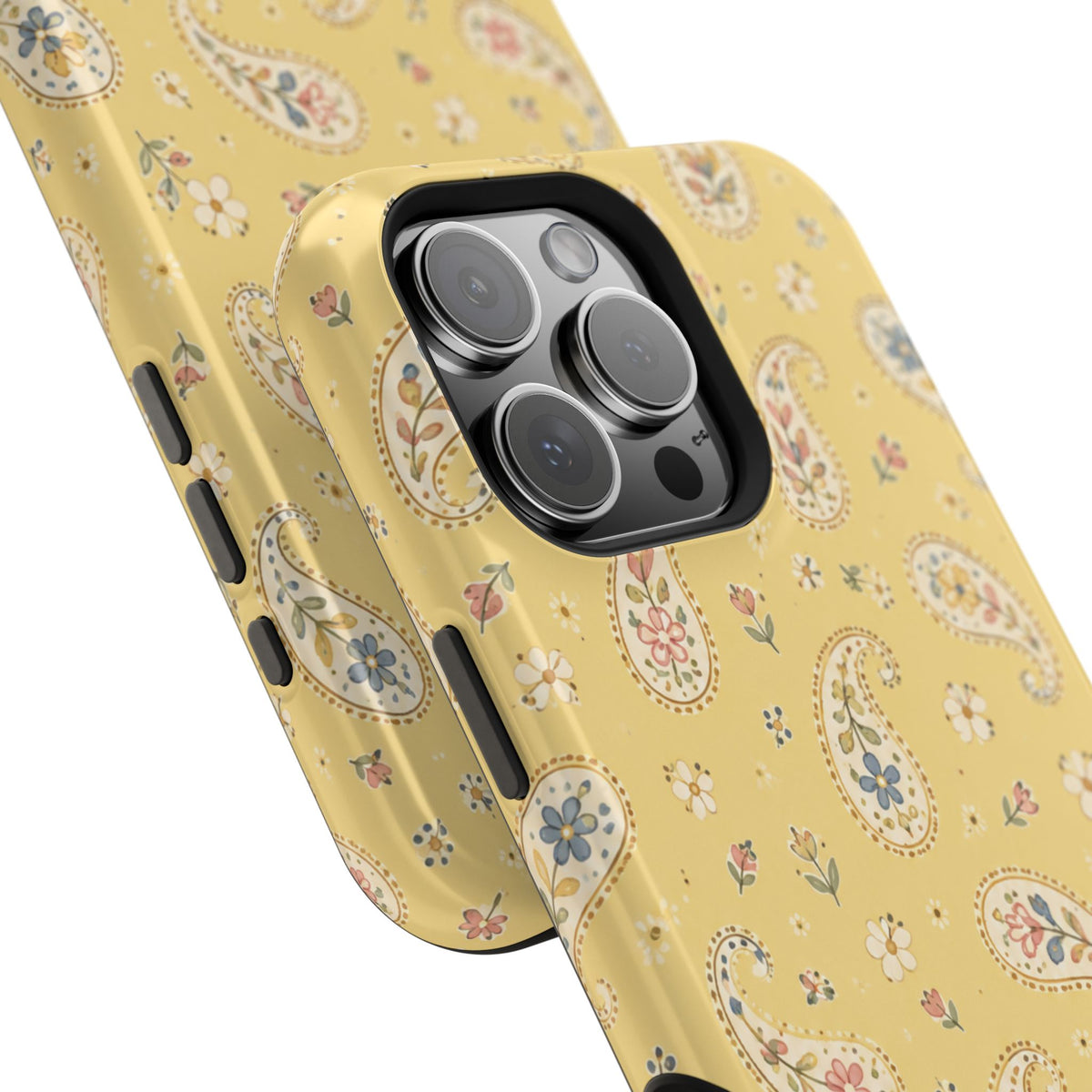 Honey Paisley MagSafe Phone Case, glossy square triple-camera Pro model, camera and side-button close-up