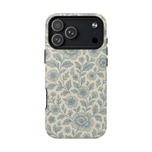 Vintage Blue Floral Tough Case for iPhone - Compatible with MagSafe