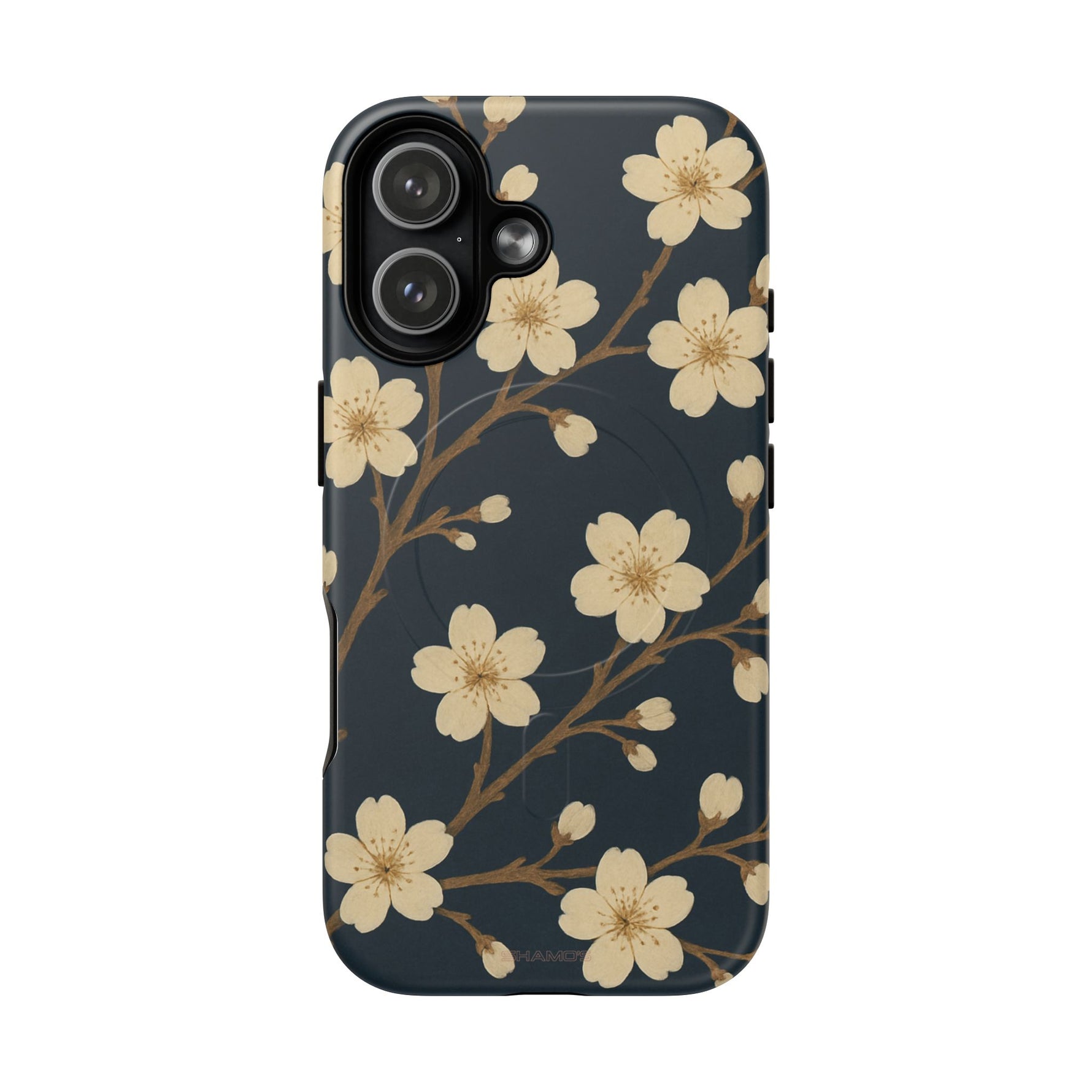 Navy Cherry Blossom Floral iPhone Case - Compatible with MagSafe