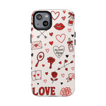 Romantic Love Doodle Tough iPhone Case ("LOVE", hearts, roses) (MagSafe compatible)  Shamo's iPhone 14 Plus / Glossy