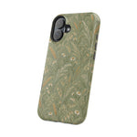 Golden Meadow – Sage Green Wildflower MagSafe Phone Case, glossy vertical dual-camera model, angled rear view