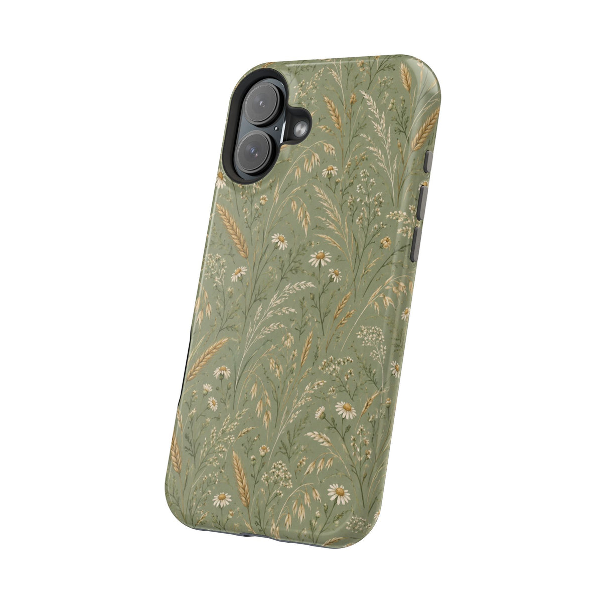 Golden Meadow – Sage Green Wildflower MagSafe Phone Case, glossy vertical dual-camera model, angled rear view