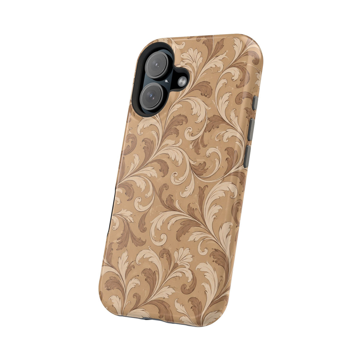 Saddle Scrolls – Tan Western Scrollwork MagSafe Phone Case, glossy vertical dual-camera model, angled rear view