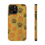 iPhone case with brown and orange paw print pattern, shown in front and side views