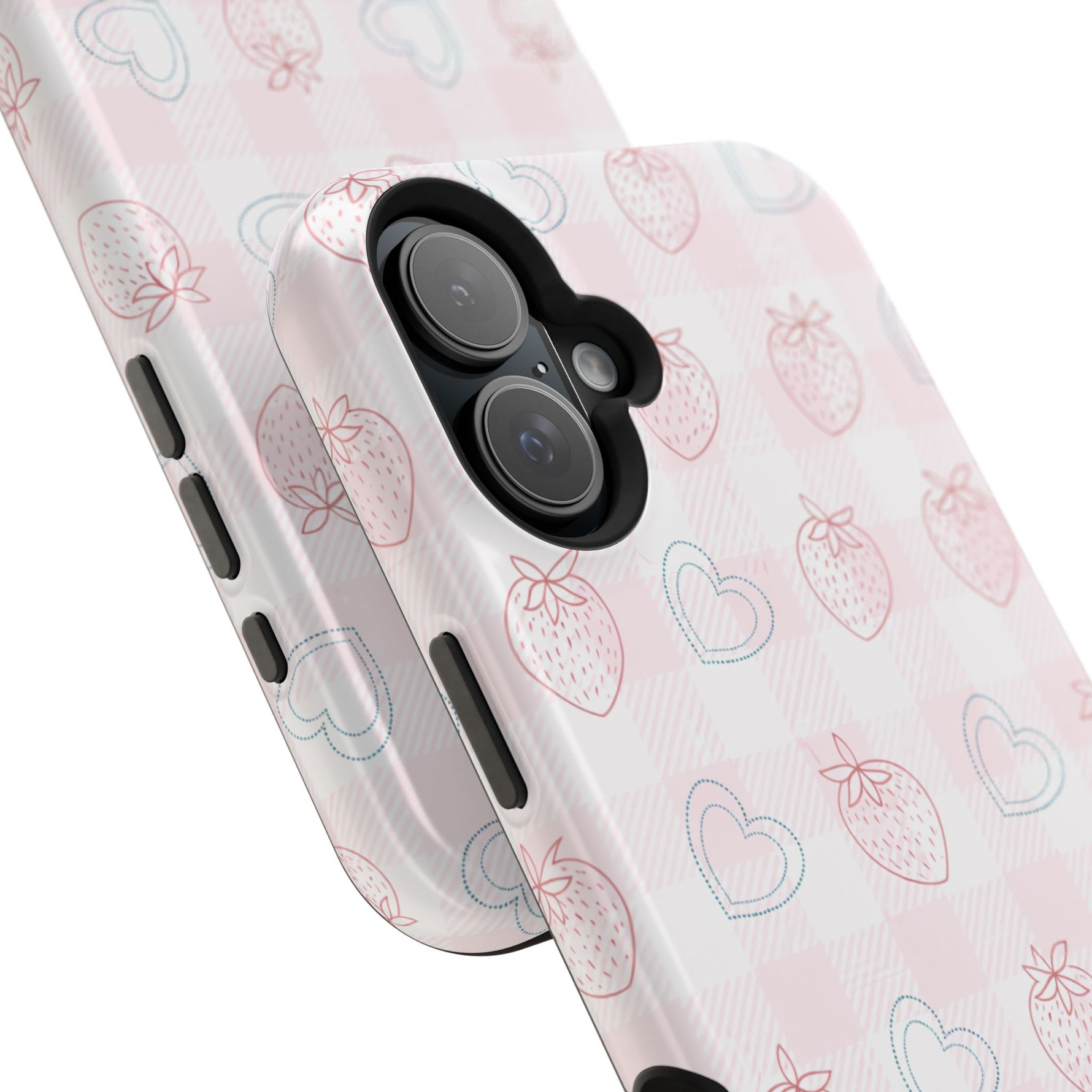Strawberry Hearts MagSafe Compatible Phone Case | 'Paint it your way' Pink Plaid Impact-Resistant