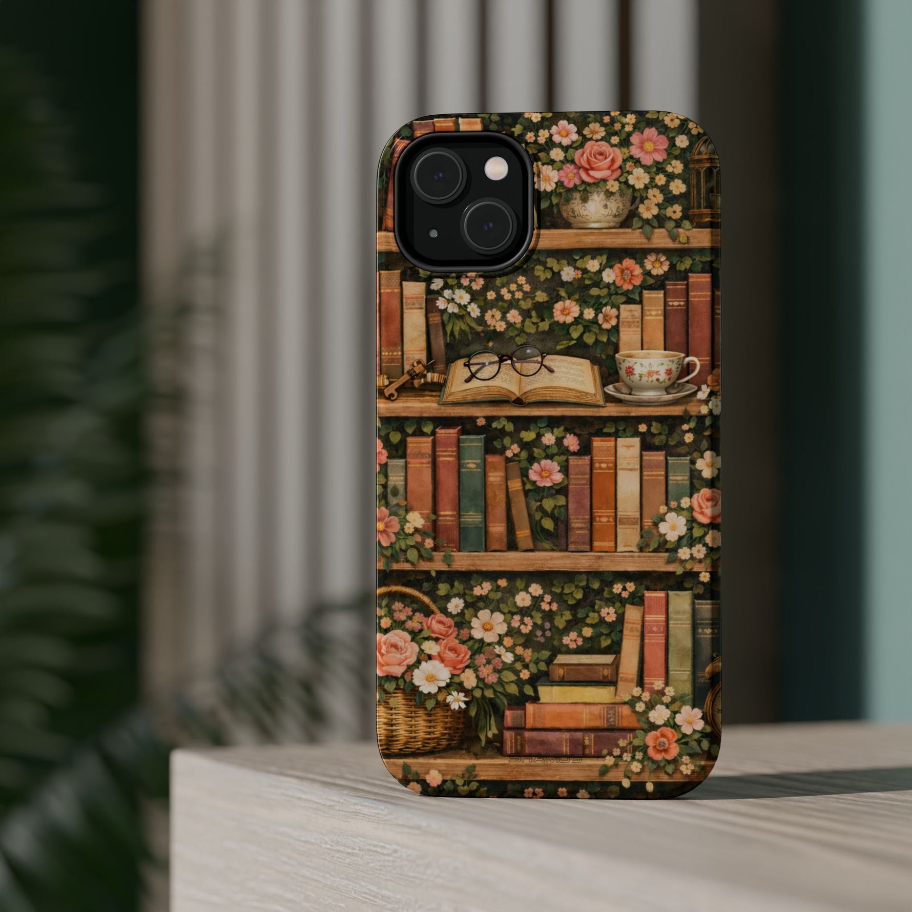 Floral Bookshelf iPhone Case — MagSafe Magnetic, Impact-Resistant