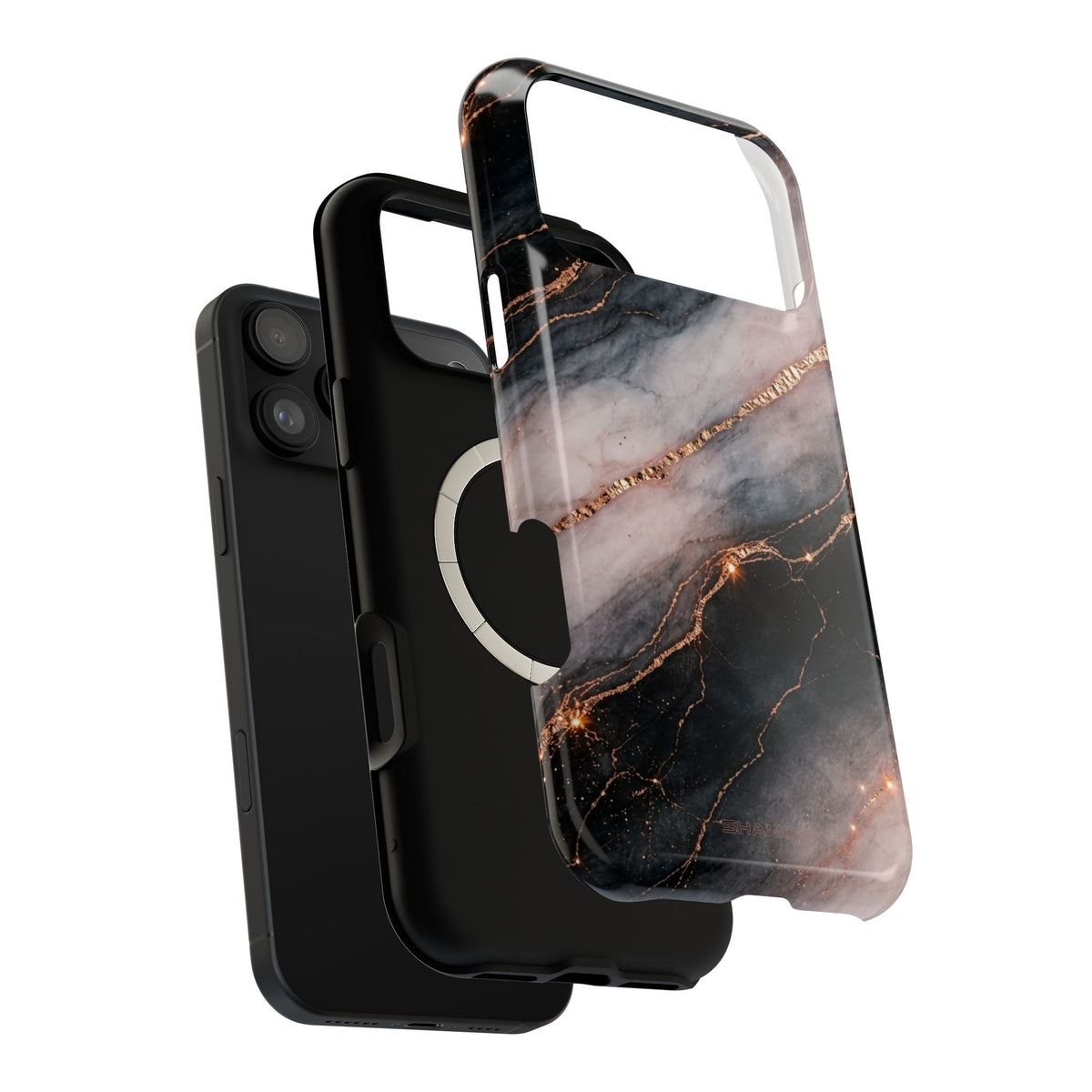 Marbled Black & Rose Gold Magnetic MagSafe Compatible Phone Case — Impact-Resistant