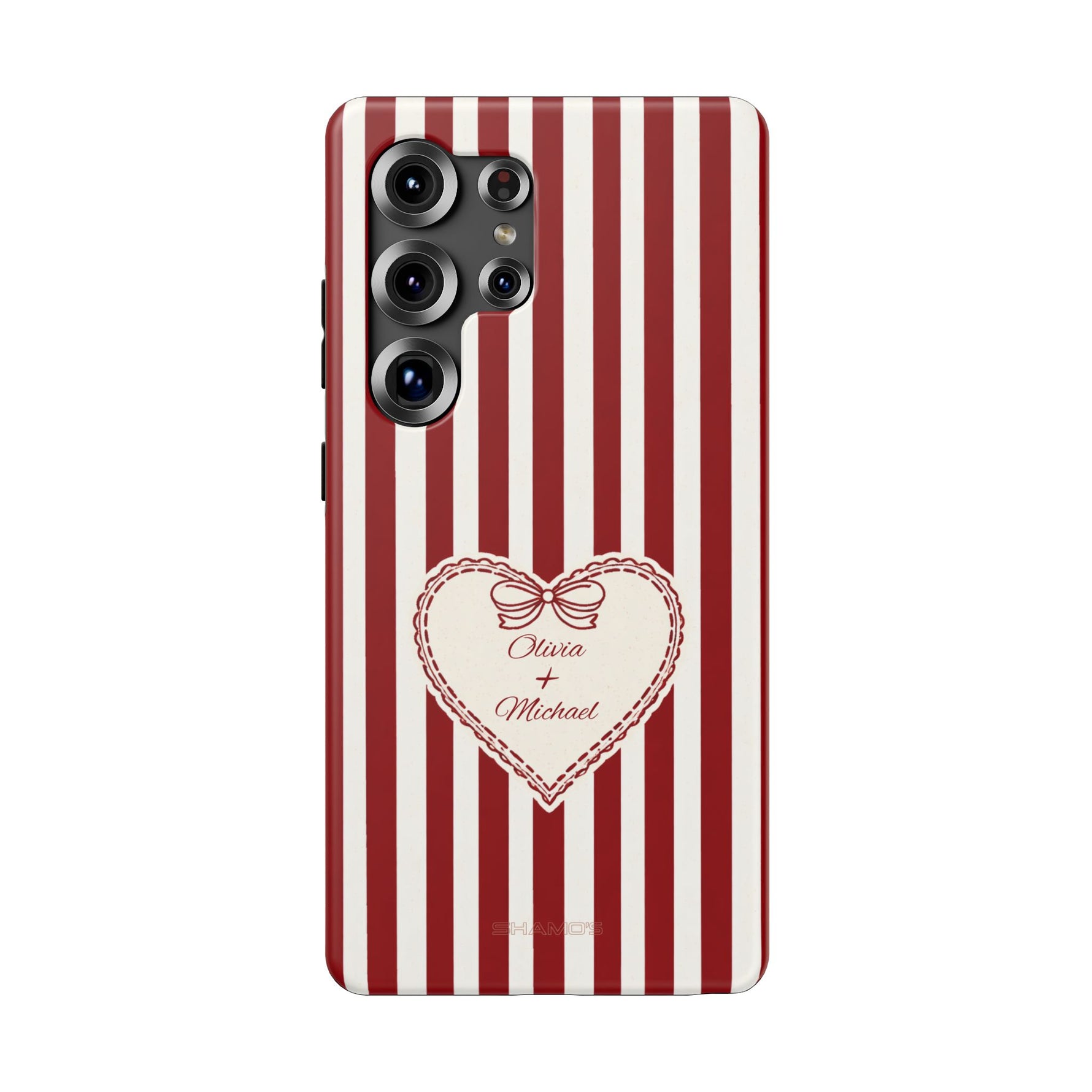 Funda personalizada a rayas — Diseño de corazón rojo y blanco (nombres personalizados)