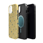 Prairie Stars – Yellow and Blue Star MagSafe Phone Case, glossy diagonal dual-camera model, exploded shell and liner with magnetic ring