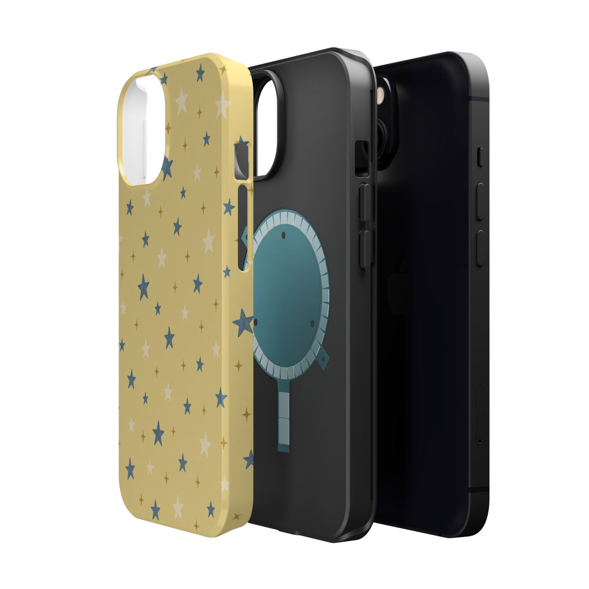 Prairie Stars – Yellow and Blue Star MagSafe Phone Case, glossy diagonal dual-camera model, exploded shell and liner with magnetic ring