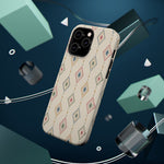 Desert Diamonds – Pastel Geometric Pattern MagSafe Phone Case, glossy square triple-camera Pro model, rear view with magnetic accessories