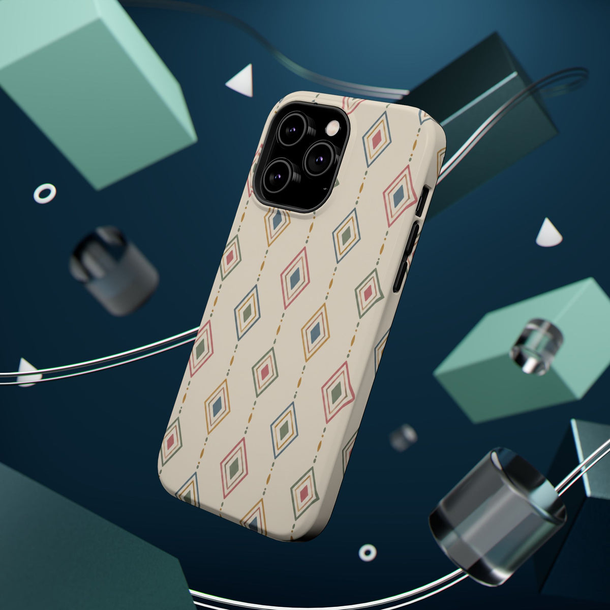 Desert Diamonds – Pastel Geometric Pattern MagSafe Phone Case, glossy square triple-camera Pro model, rear view with magnetic accessories