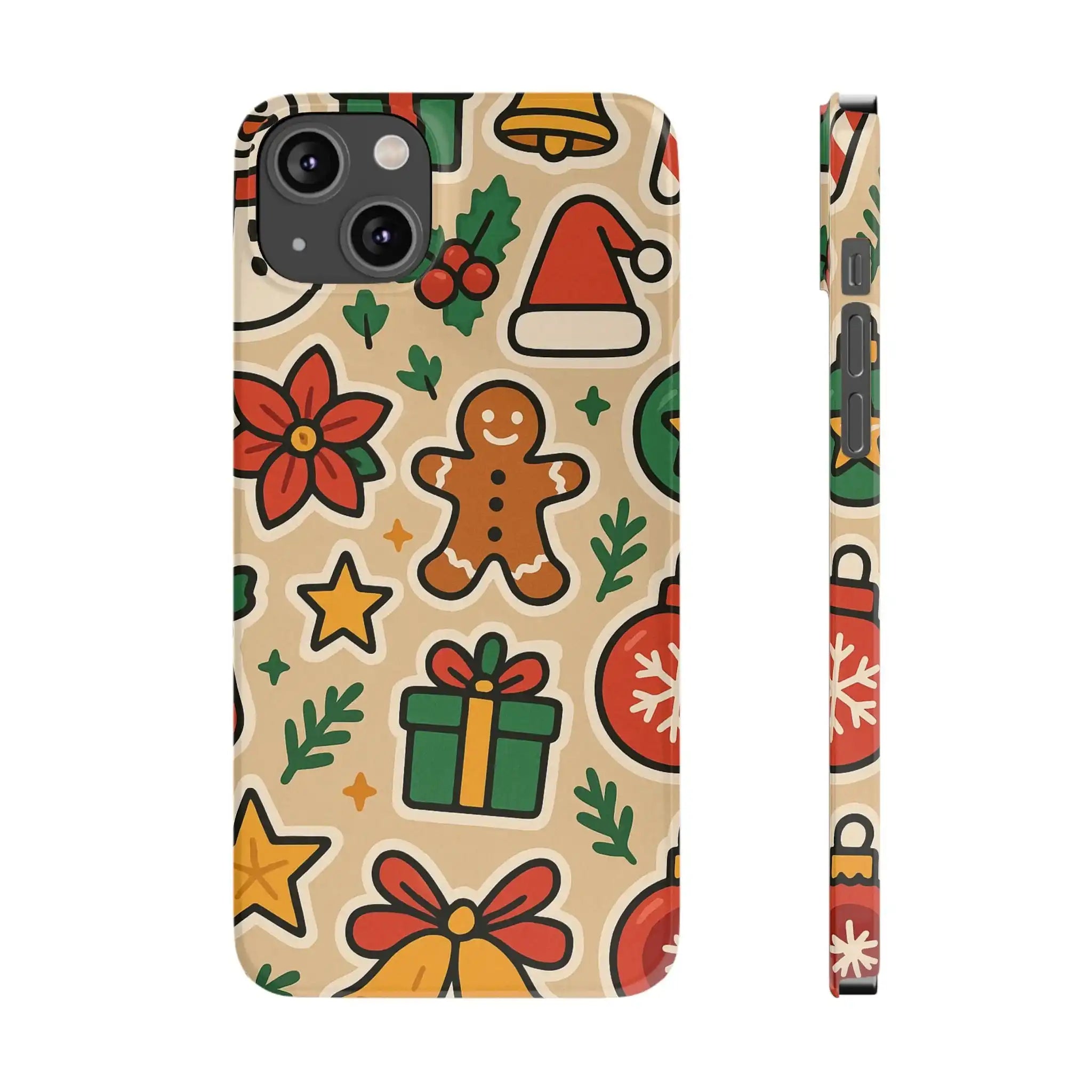 Holiday Pattern Slim iPhone Case — Gingerbread, Santa Hat & Gifts Holiday Design  Shamo's iPhone 14 Plus
