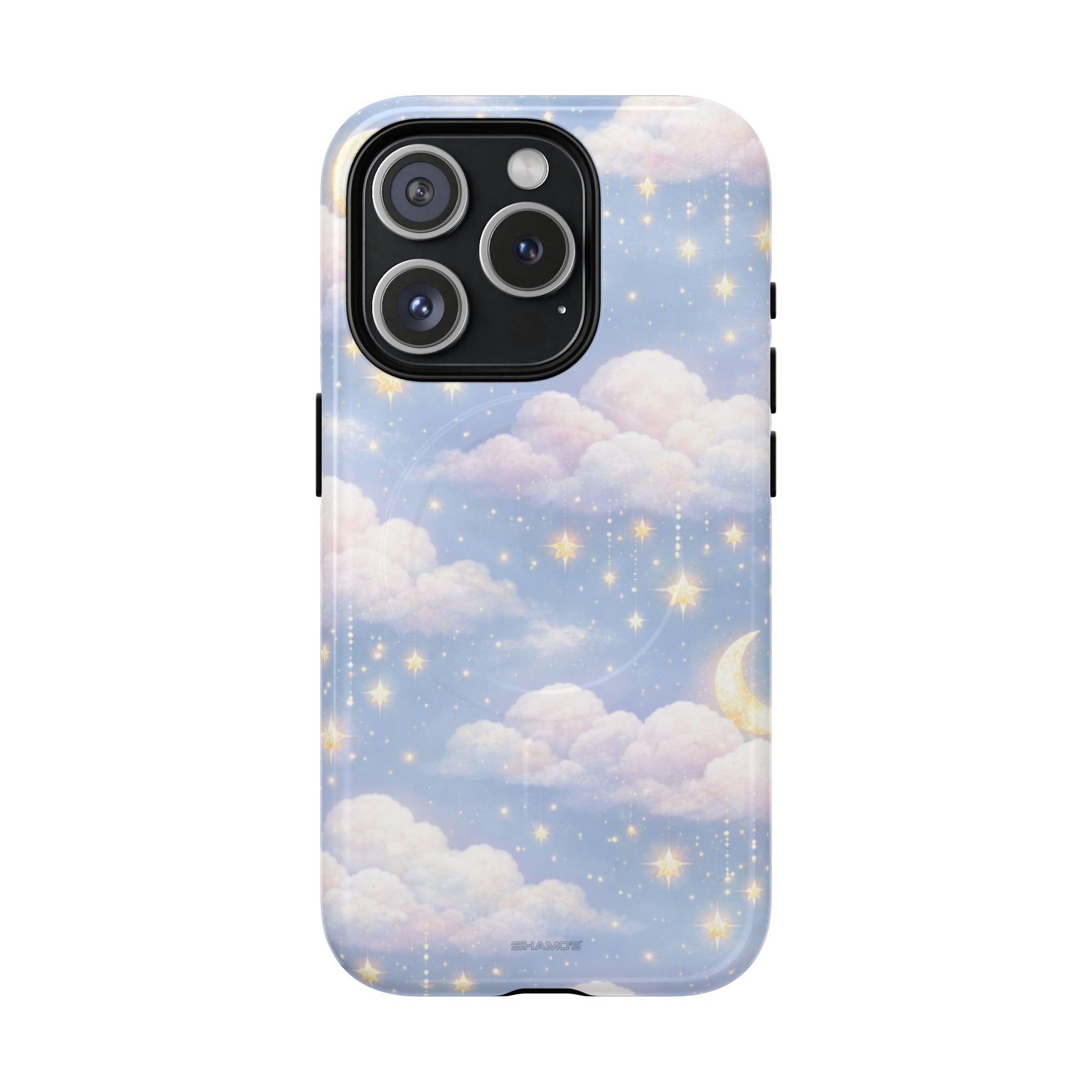 iPhone 14 Pro max case with dreamy clouds, stars, and crescent moon celestial design