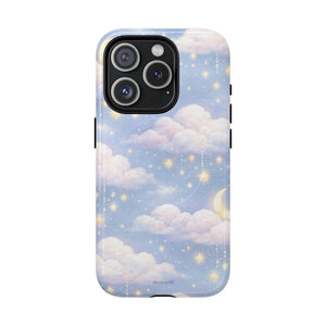 iPhone 14 Pro max case with dreamy clouds, stars, and crescent moon celestial design