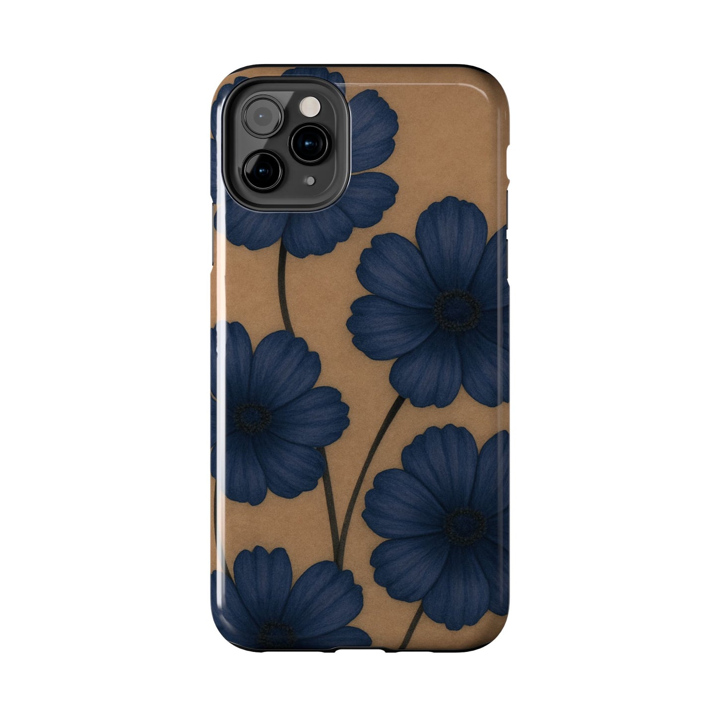 Navy Floral Tough iPhone Case — Durable Protective Case with Blue Flowers on Kraft Background