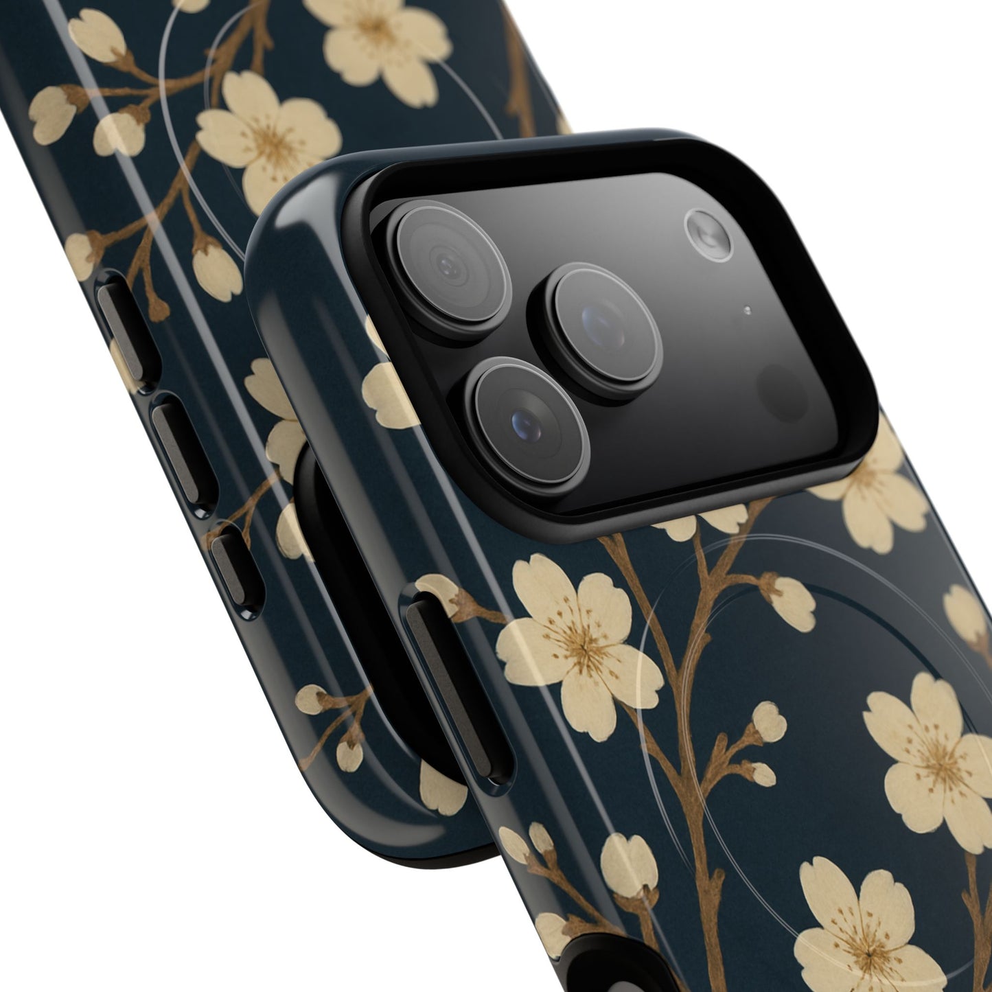 Navy Cherry Blossom Floral iPhone Case - Compatible with MagSafe