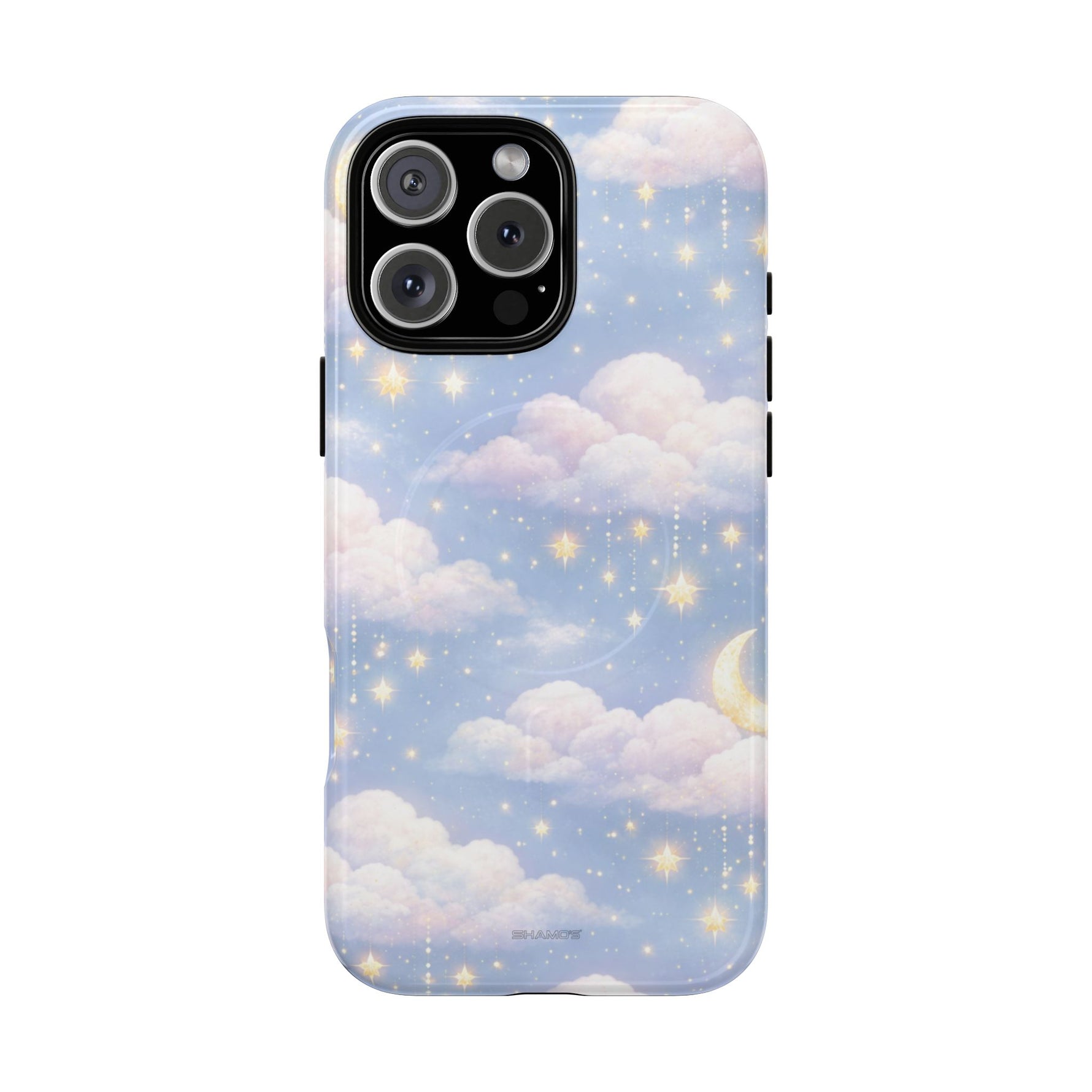 Phone case with cloud, star, and crescent moon design on blue background, fits iPhone triple camera variant