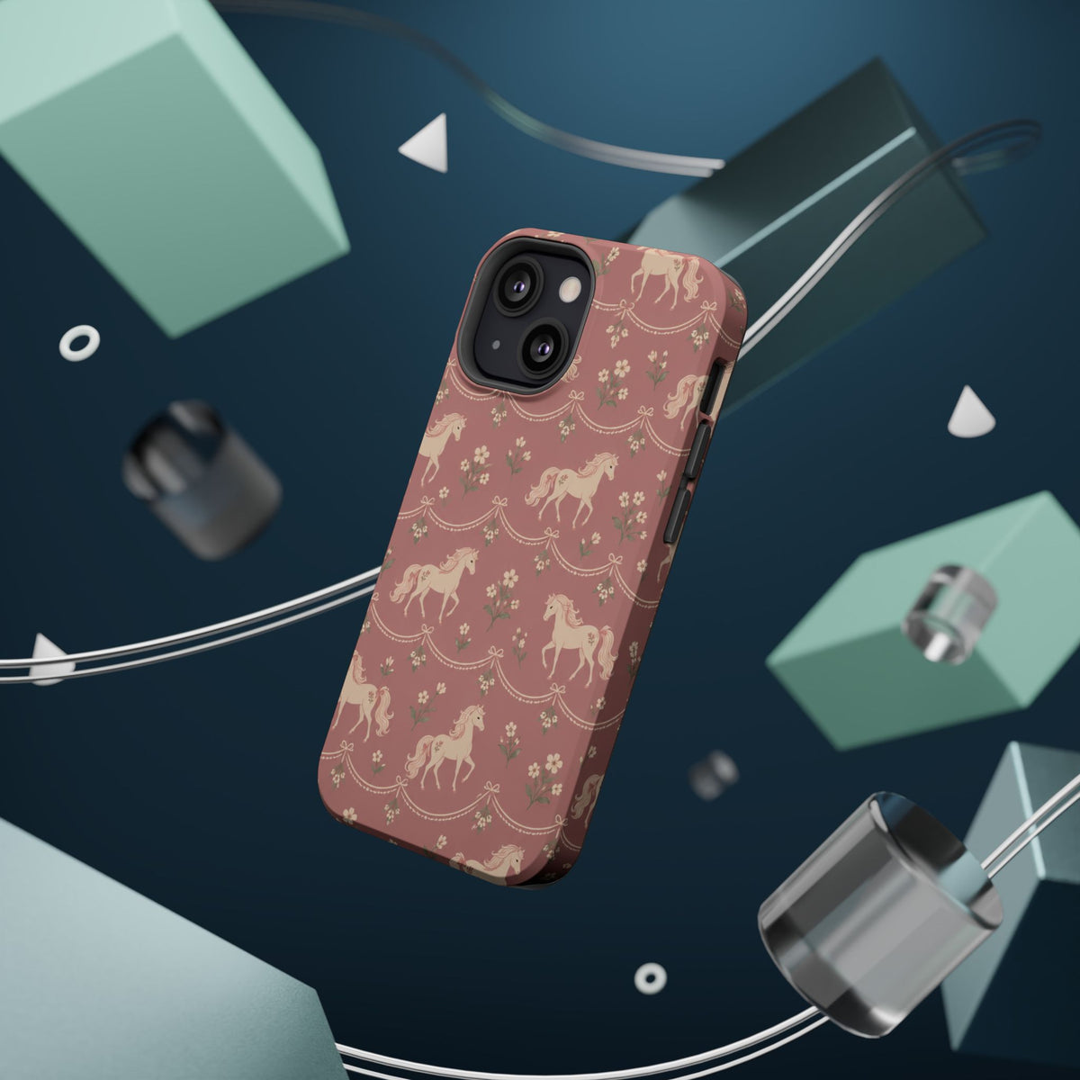 Rose Ponies MagSafe Phone Case, glossy diagonal dual-camera model, rear view with magnetic accessories