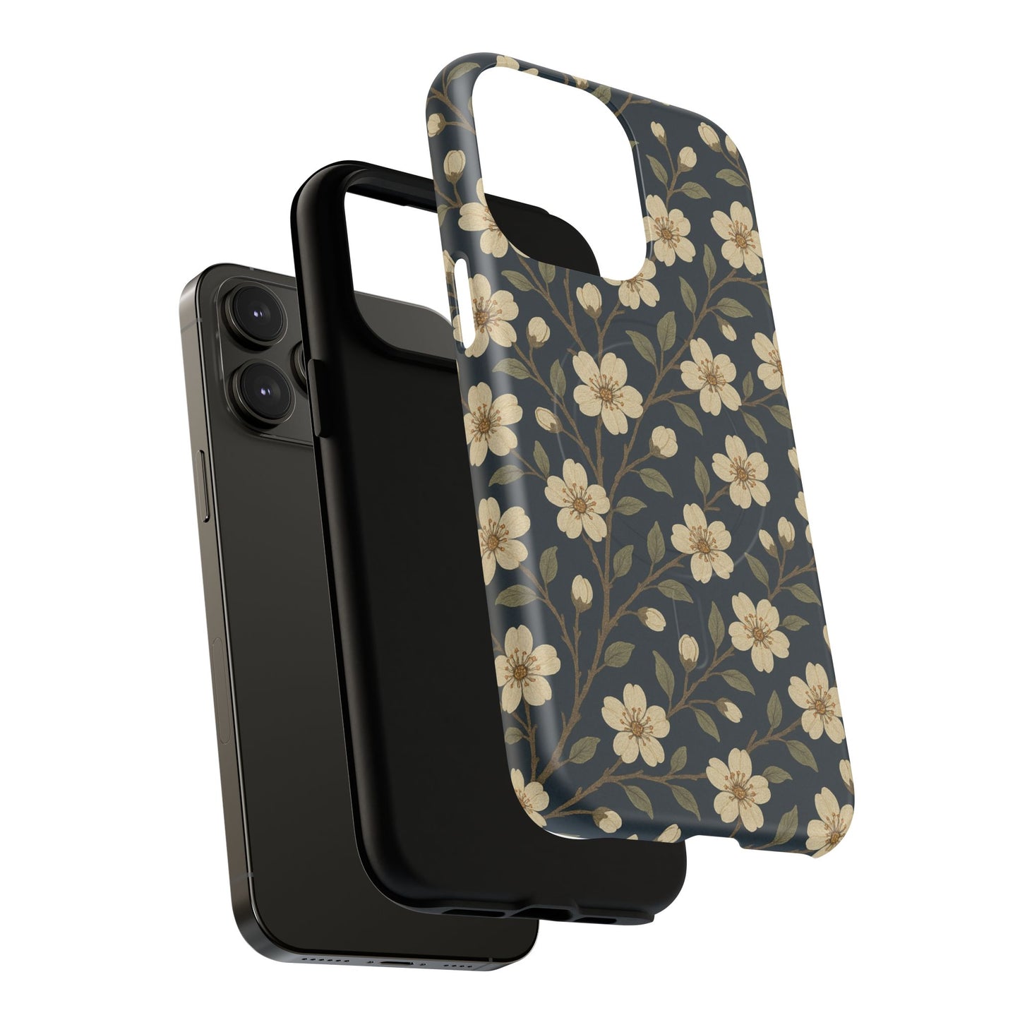 Navy Cherry Blossom Floral iPhone Case - Compatible with MagSafe