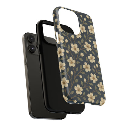 Navy Cherry Blossom Floral iPhone Case - Compatible with MagSafe