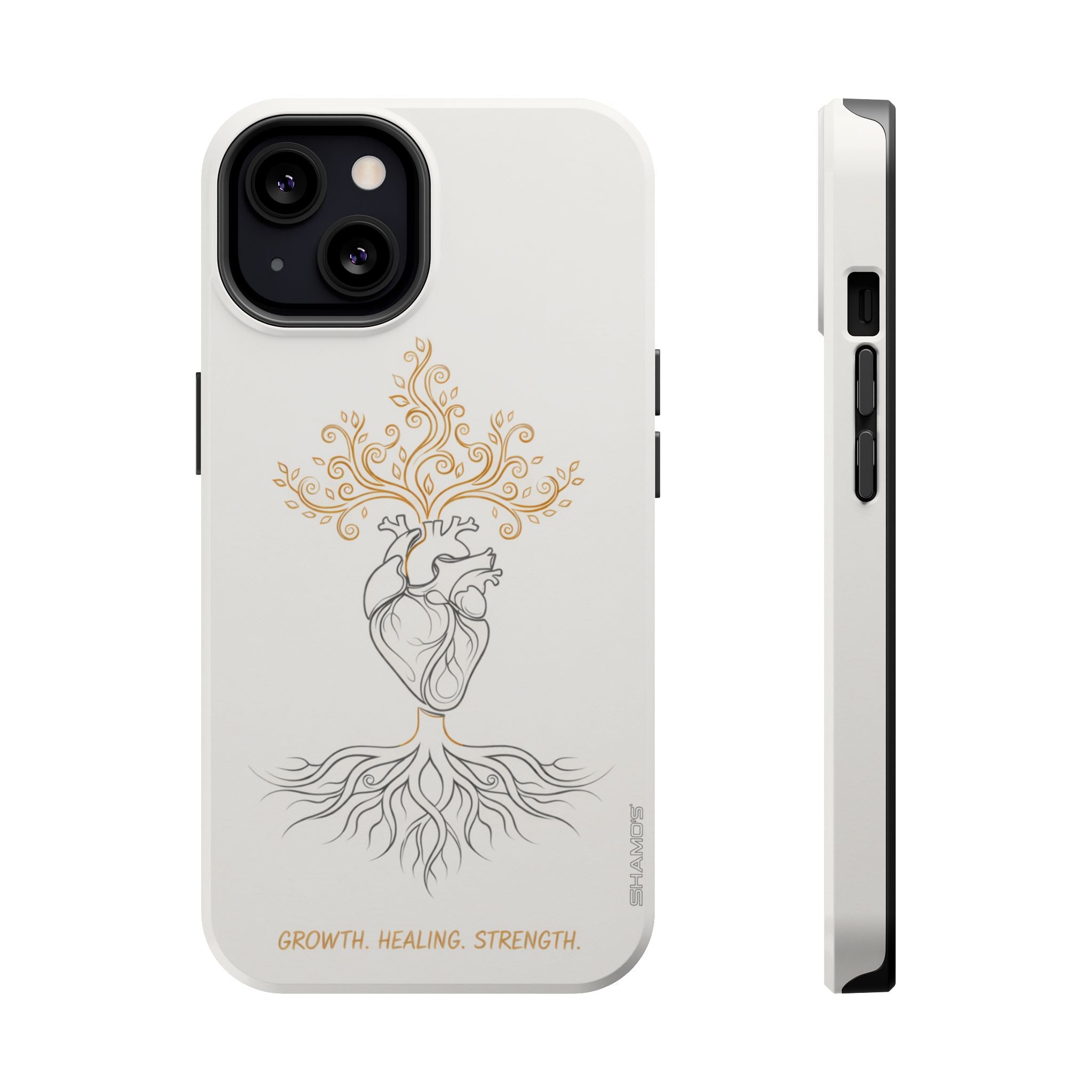 Minimalist Impact-Resistant iPhone Case, Heart Root Illustration ("Growth. Healing. Strength.") MagSafe Compatible - iPhone 13 / Glossy - Shamo's