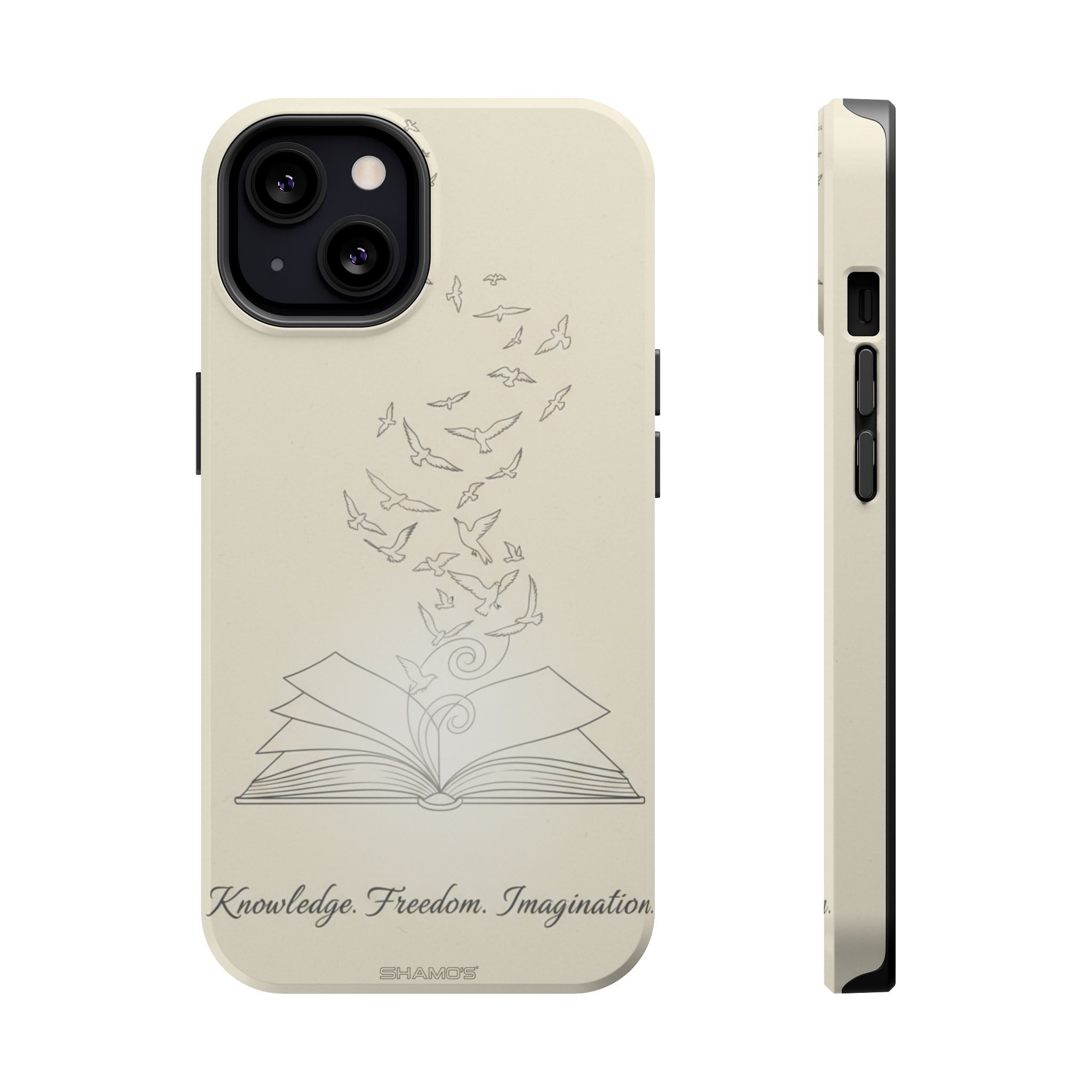 'Knowledge, Freedom, Imagination' Book & Birds Minimalist Magnetic Impact-Resistant Phone Case with MagSafe - iPhone 13 / Glossy - Shamo's