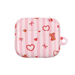 Pink Teddy Hearts AirPod Case, Cute Striped Protective Cover