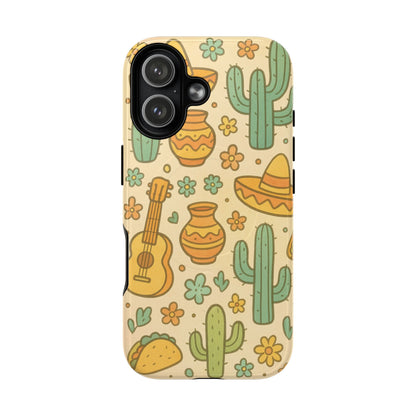 Mexico Hand-Drawn Cactus Pattern iPhone Case – Cute Desert Guitar & Sombrero Design | with MagSafe