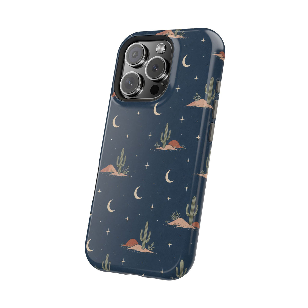 Desert Moon MagSafe Phone Case, glossy square triple-camera Pro model, angled rear view